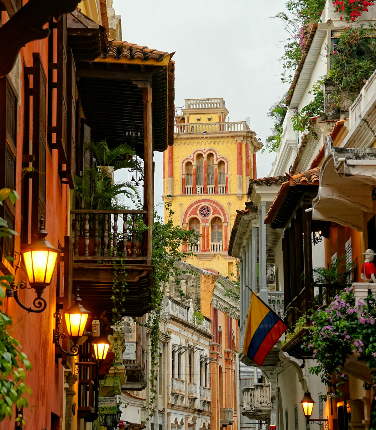 Colonial street and church tower, Cartagena, Colombia