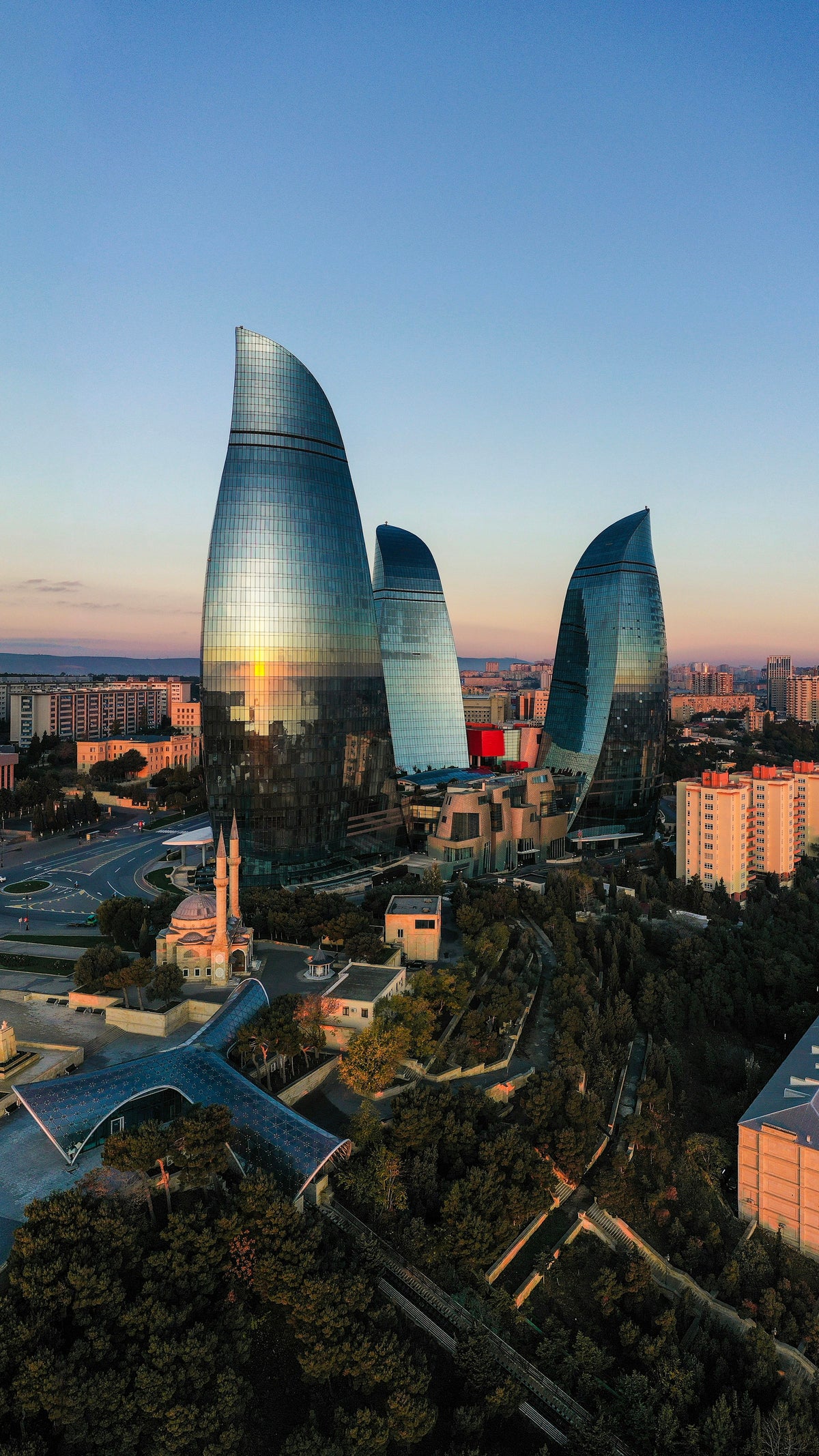 Flame Towers and mosque from above, Baku