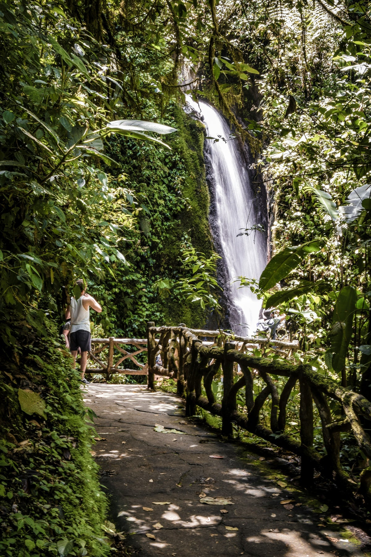 Hanging bridge by a waterfall, Costa Rica