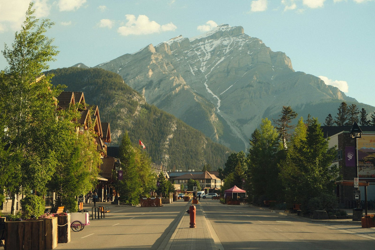 Banff town street with mountain view