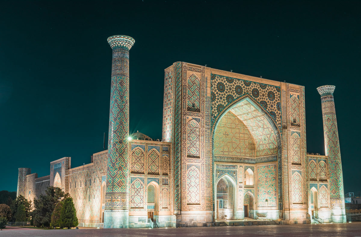 Registan lit up at night, Samarkand
